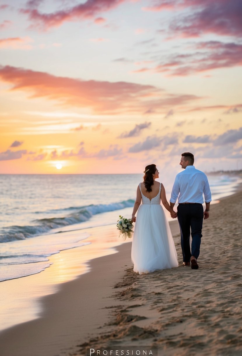 A couple walks along the beach at sunrise, holding hands and admiring the colorful sky, celebrating their wedding anniversary