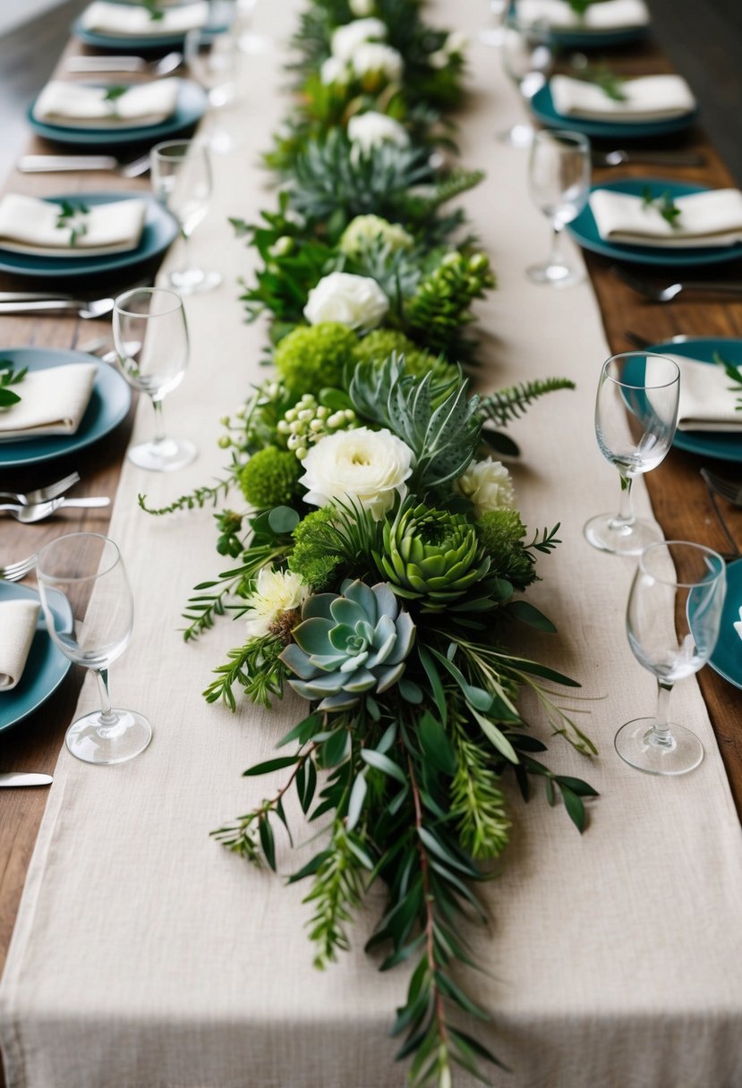 A rustic linen table runner adorned with fresh greenery and succulents, creating an elegant and natural wedding table setting