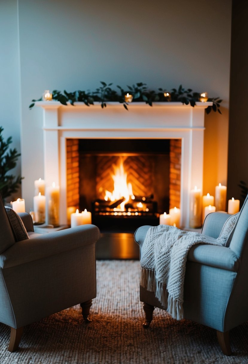 A crackling fireplace with two armchairs, a warm blanket, and flickering candles, creating a cozy and romantic atmosphere for a wedding anniversary celebration