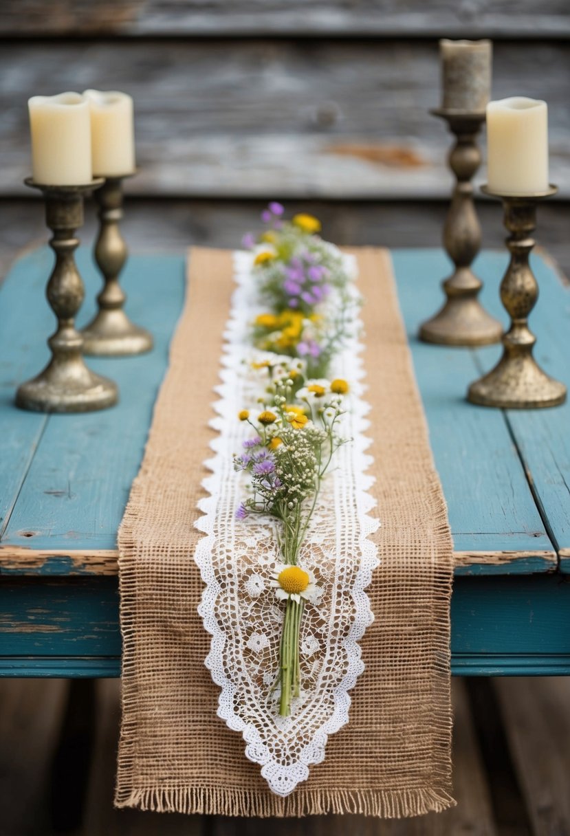 A rustic burlap table runner adorned with delicate lace and wildflowers, set against a backdrop of weathered wood and antique candlesticks