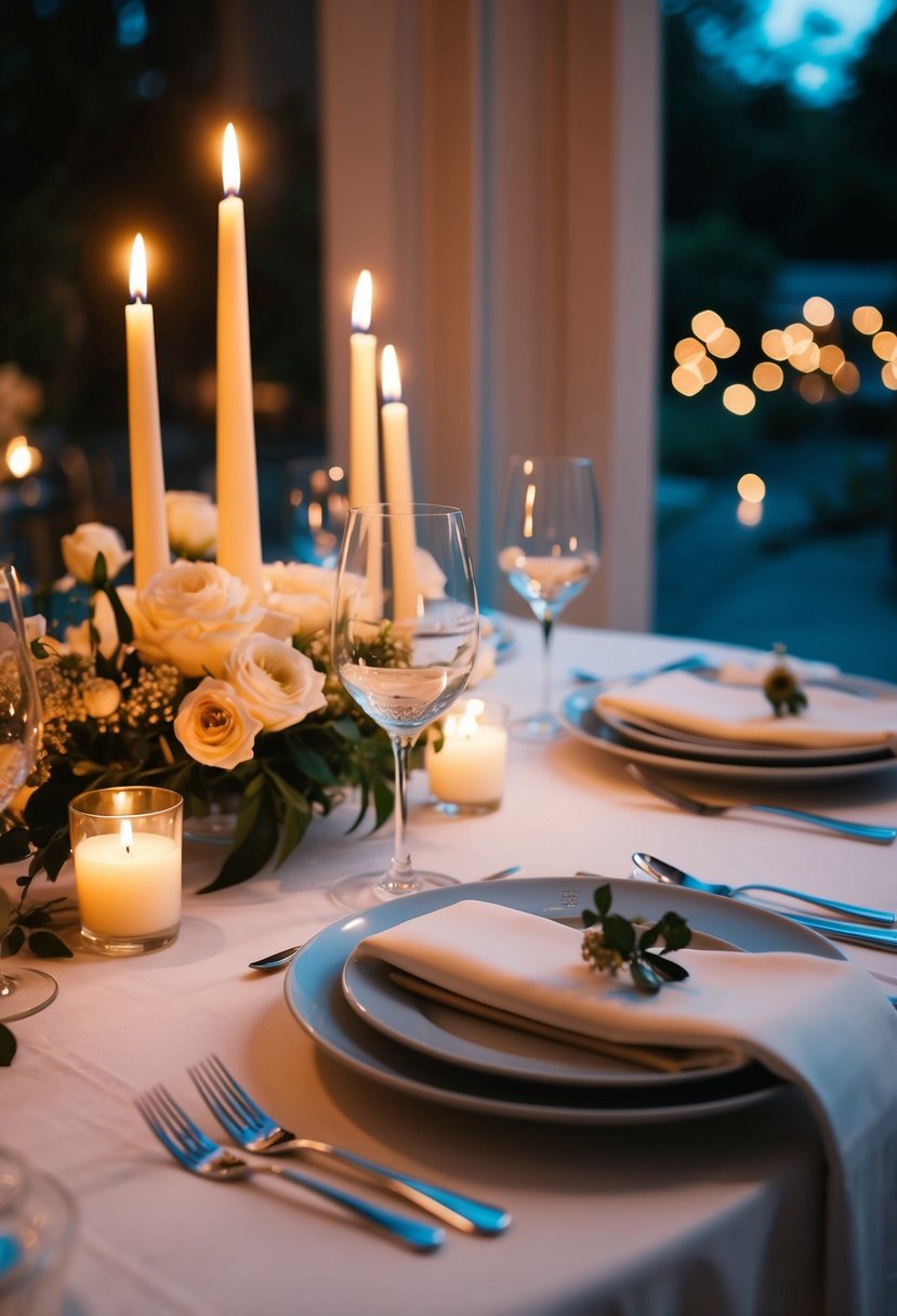 A candlelit dinner with a table set for two, surrounded by flowers and soft lighting