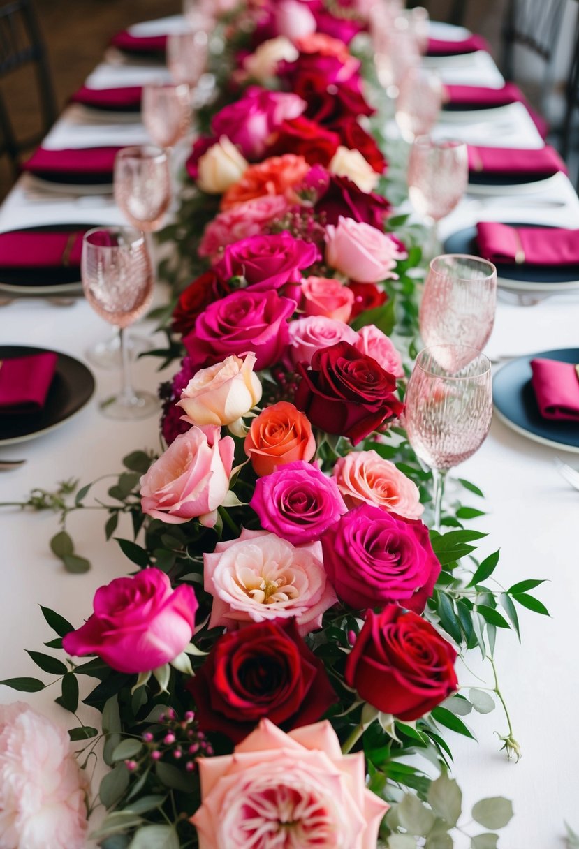 A table runner adorned with a profusion of vibrant roses in various shades of pink and red, creating a romantic and elegant wedding decor