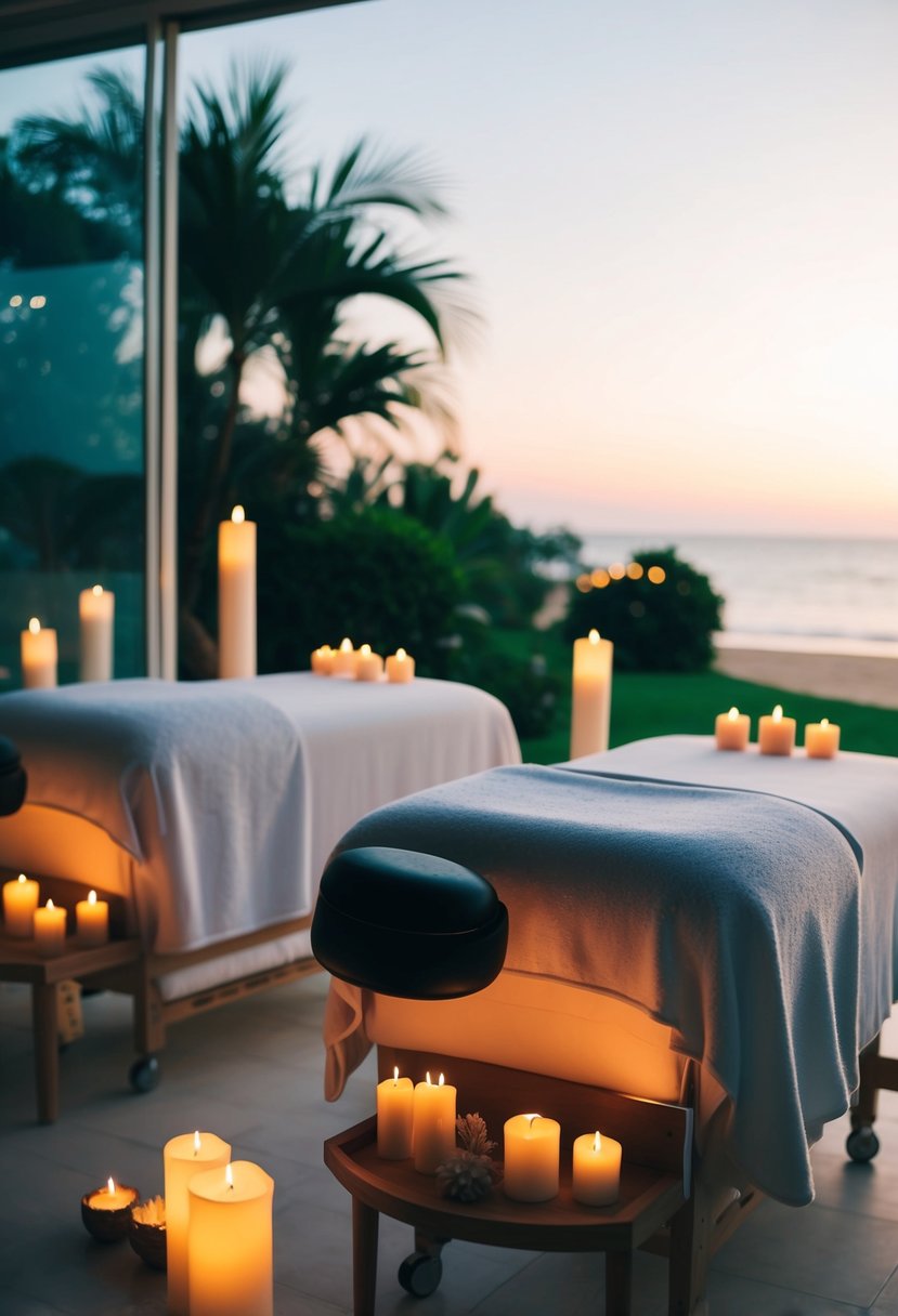 A tranquil spa with two massage tables surrounded by candles and soft lighting, overlooking a serene garden or beach setting