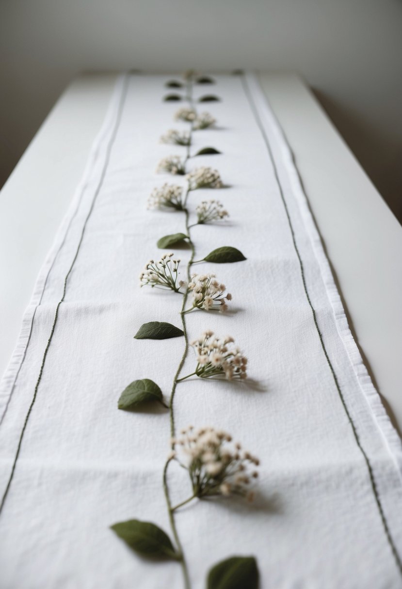 A simple, white linen table runner with delicate, monochromatic floral embroidery. Clean lines and natural materials evoke a minimalist Scandinavian aesthetic