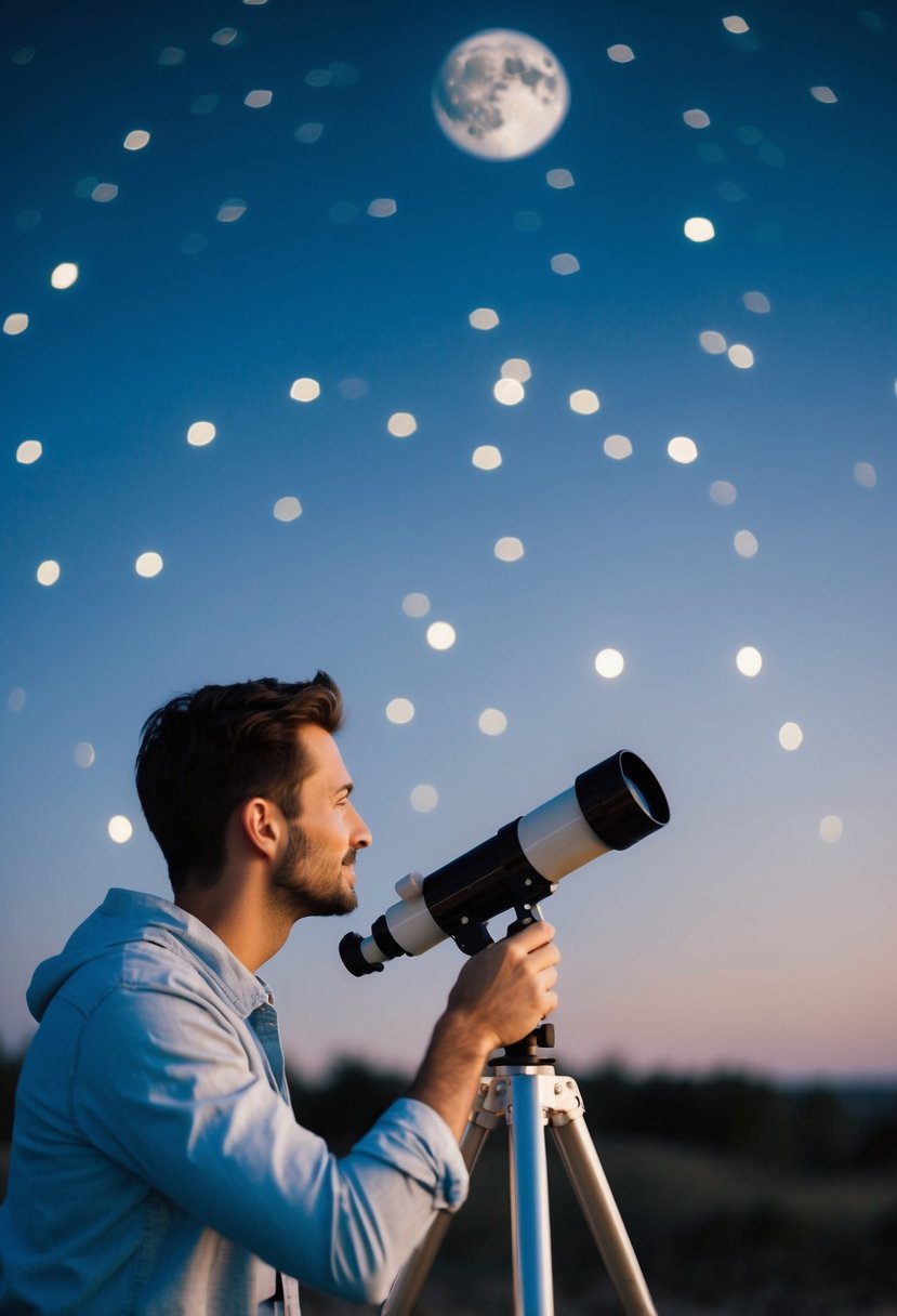 A couple gazes at stars through a telescope on a clear, moonlit night