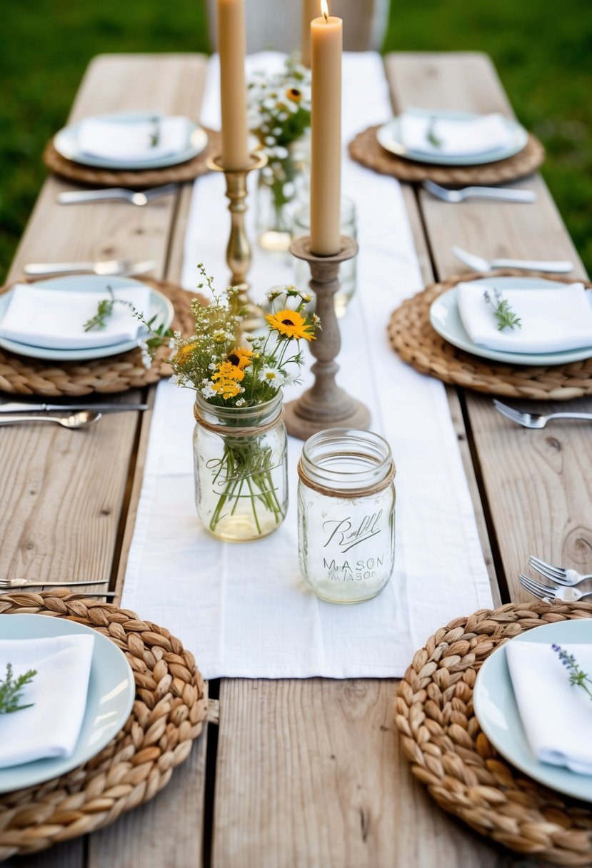 A wooden farm table set with white cotton table runner, adorned with rustic charm: mason jars filled with wildflowers, vintage candlesticks, and woven placemats