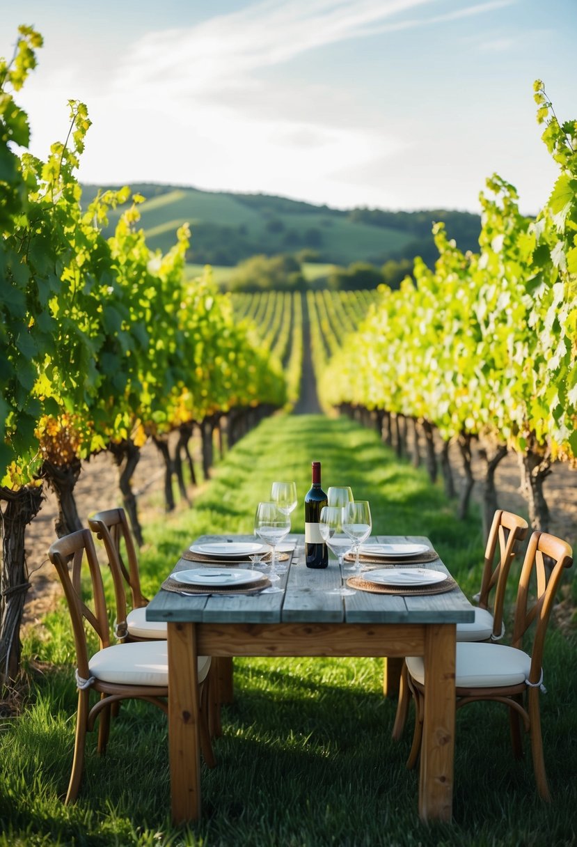 Lush vineyard with rows of grapevines, a rustic tasting table set with wine glasses, and a scenic view of rolling hills