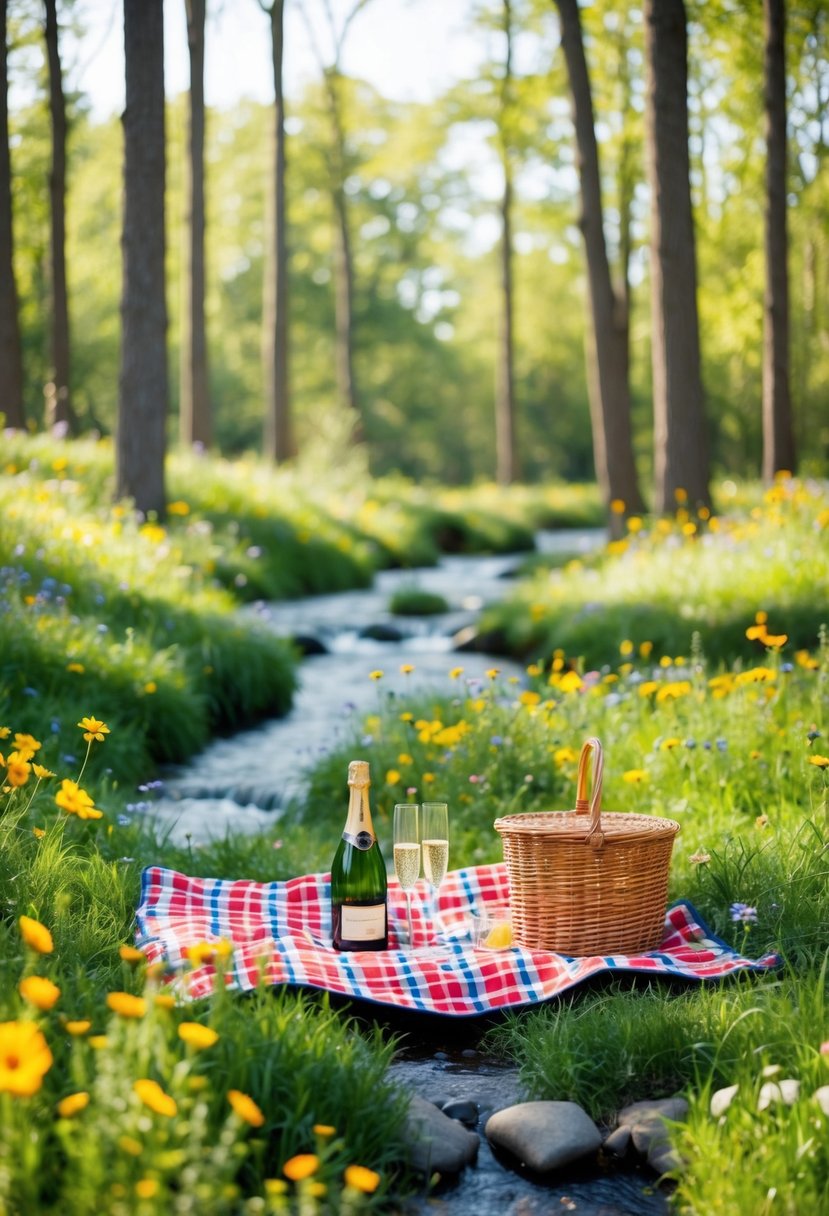 A romantic picnic in a sun-dappled forest clearing, surrounded by wildflowers and a babbling brook, with a checkered blanket and a bottle of champagne on ice