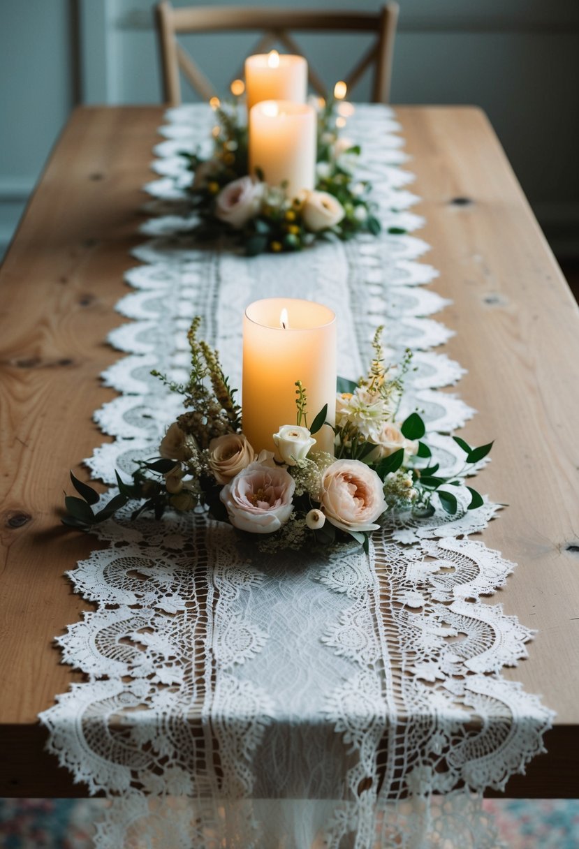 A vintage lace table runner drapes over a wooden table, adorned with delicate floral arrangements and candlelight