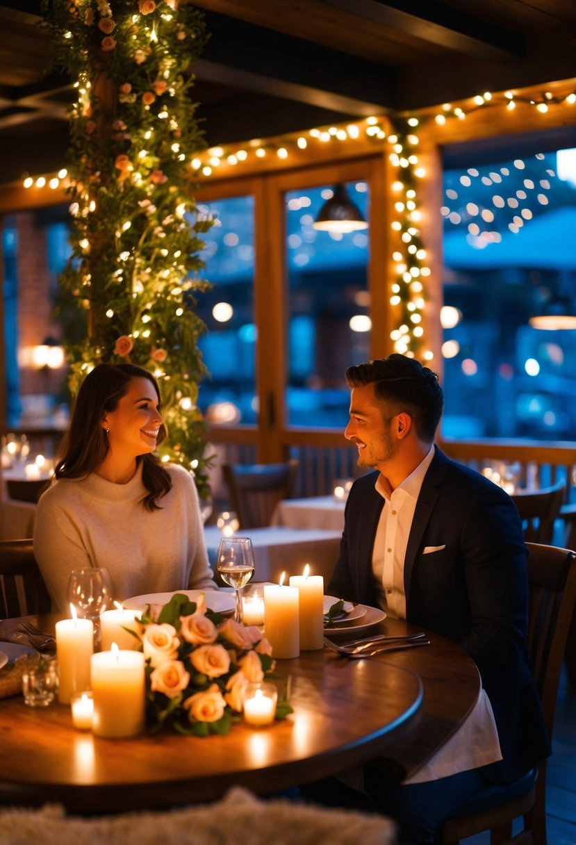 A couple sits at a candlelit table in a cozy restaurant, surrounded by twinkling fairy lights and a bouquet of roses