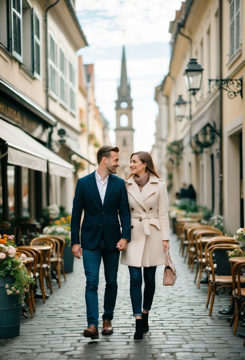 A couple strolling through a charming city, surrounded by historic architecture, cozy cafes, and blooming flowers