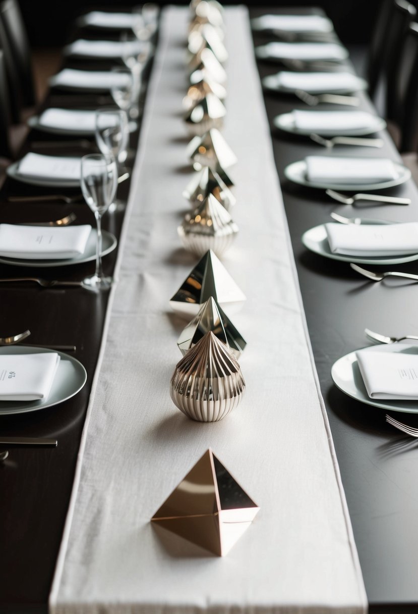 A sleek silver table runner adorned with geometric metallic accents