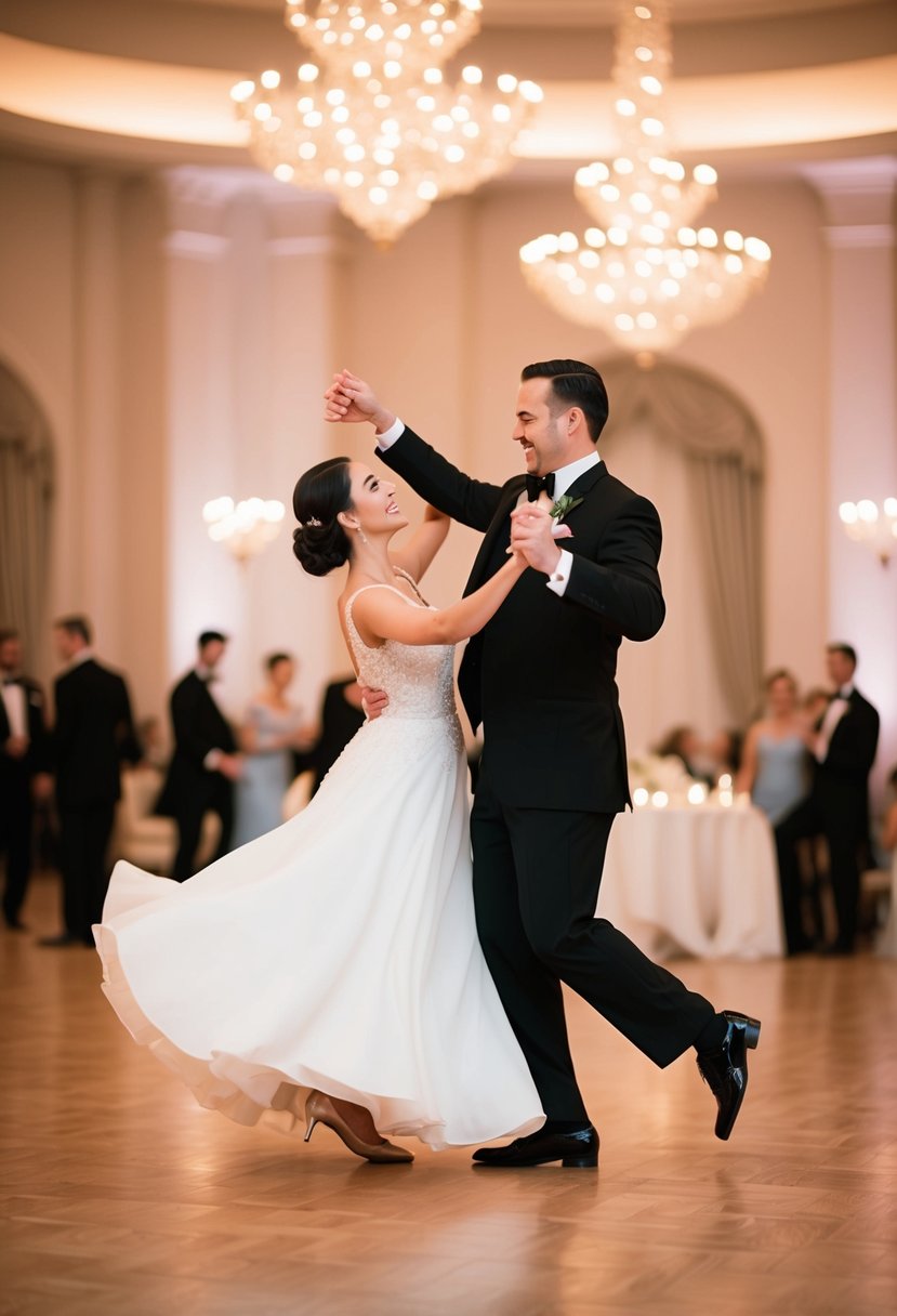 A couple gracefully dances in a spacious, elegant ballroom, bathed in soft, romantic lighting. Their movements are synchronized and filled with joy