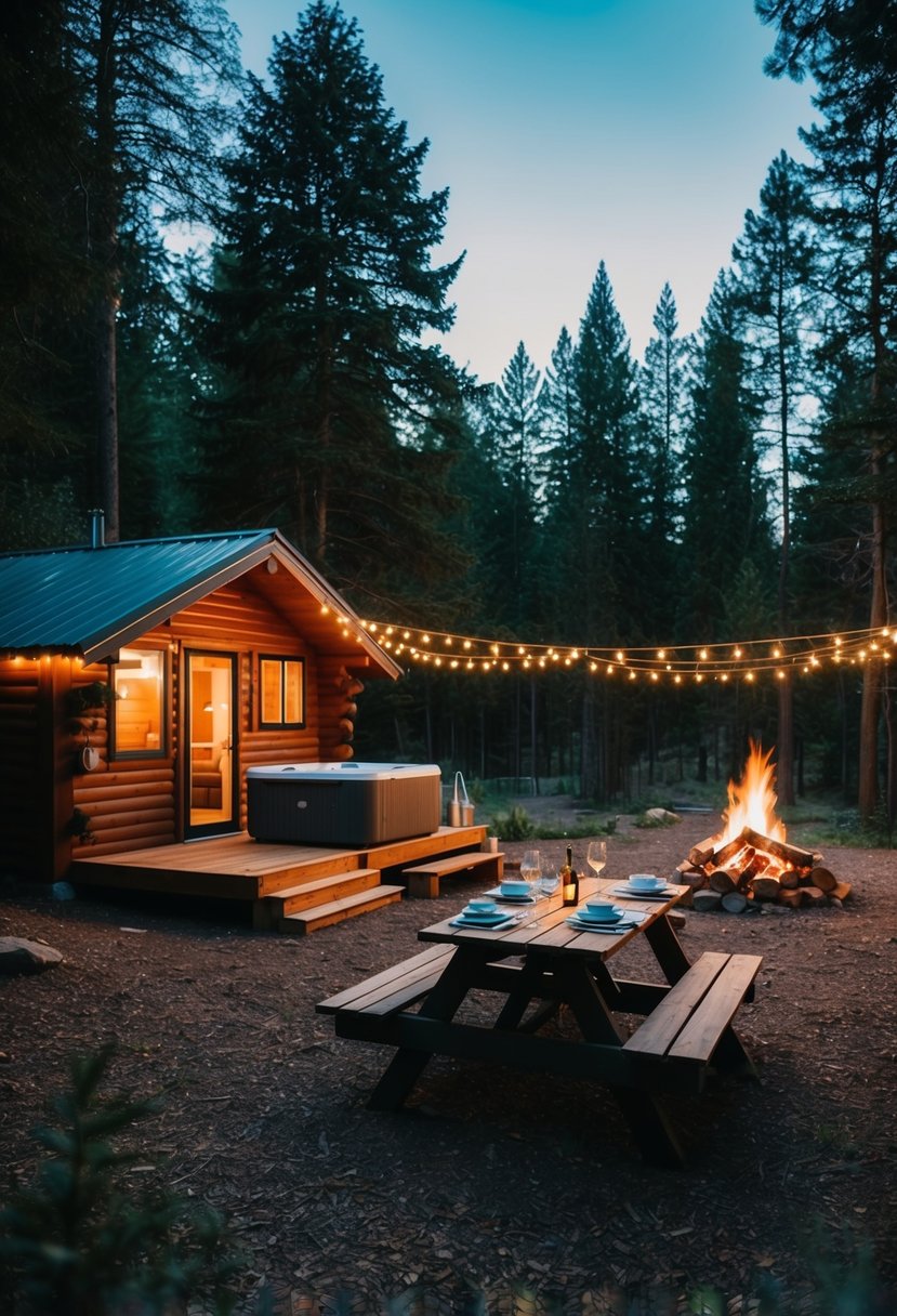 A cozy cabin nestled in a forest clearing, with a bubbling hot tub, flickering fireplace, and a picnic table set for two under twinkling string lights