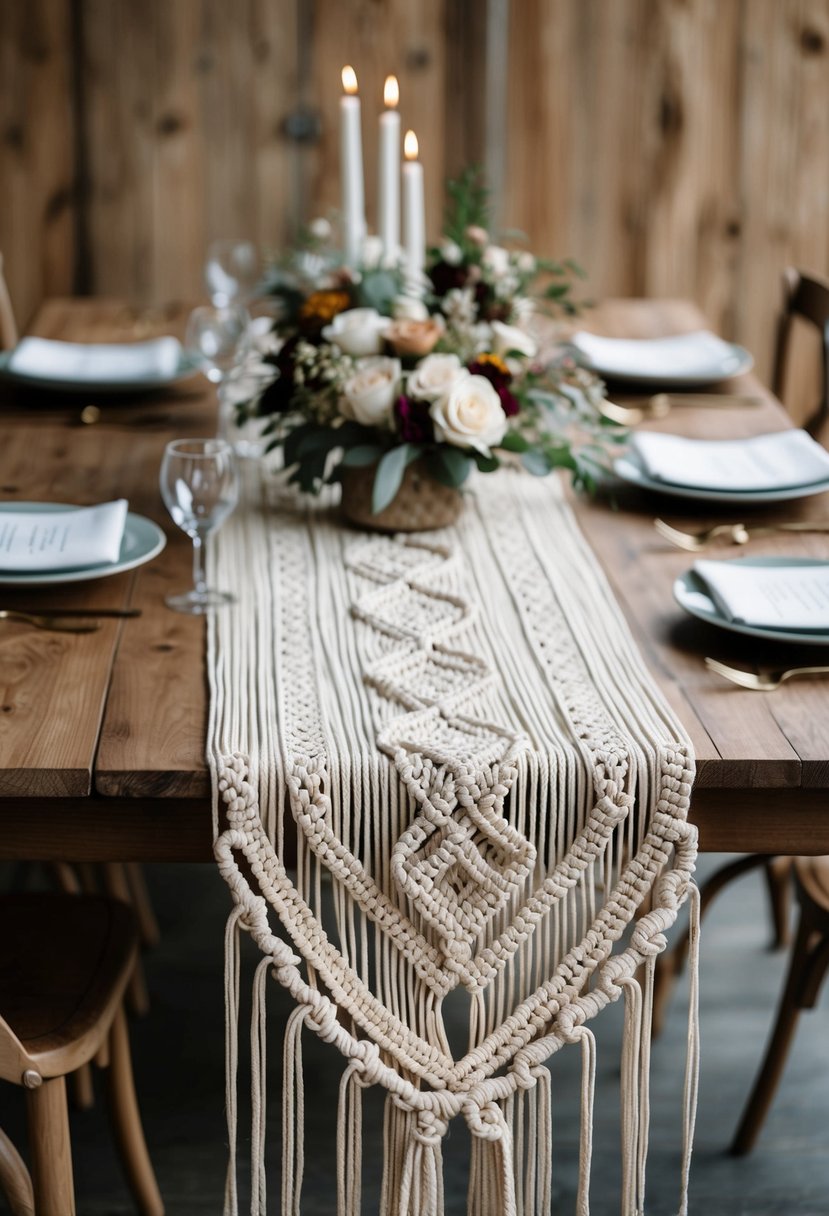 A bohemian macrame wedding table runner draped across a wooden table, adorned with delicate knots and intricate patterns, complemented by rustic floral centerpieces