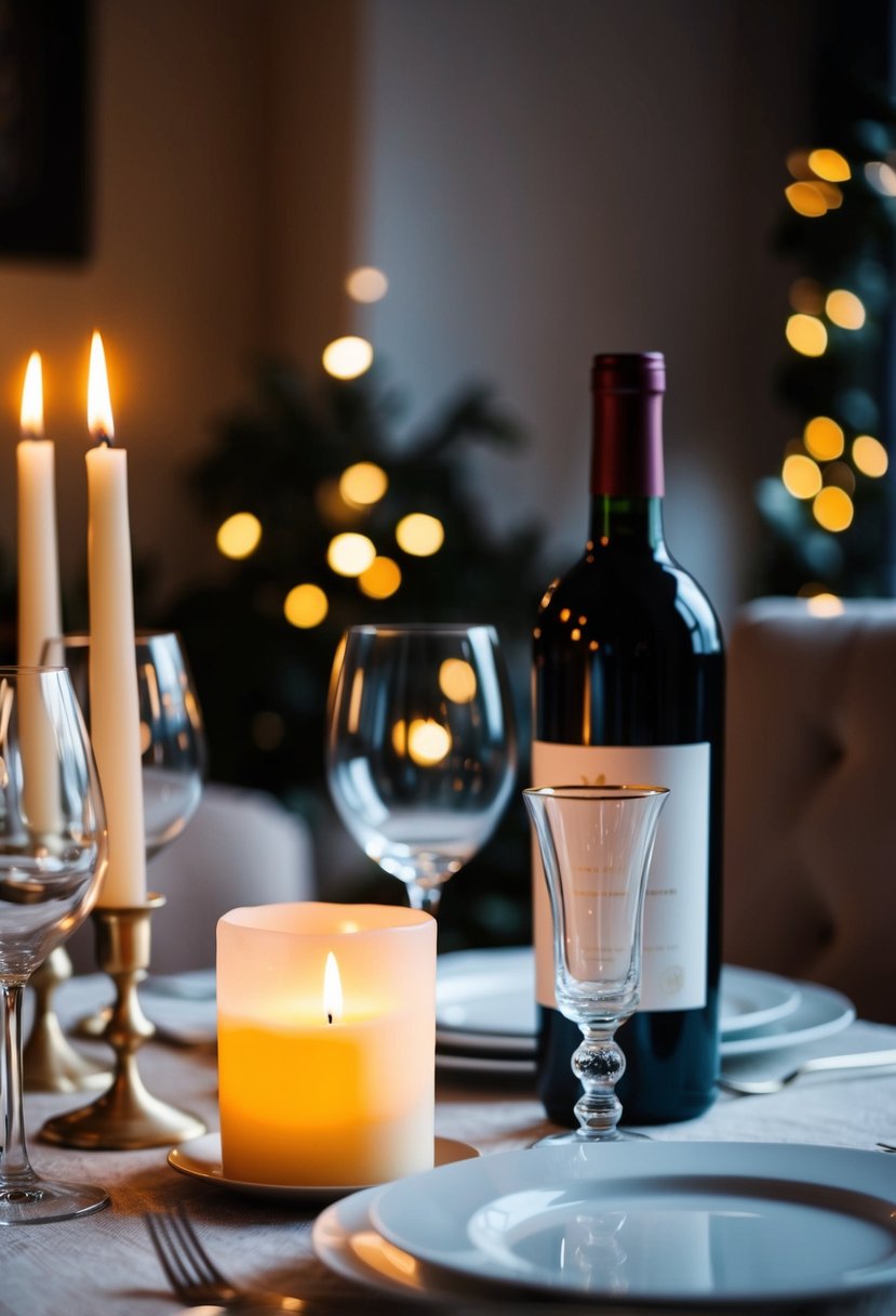 A cozy dining table with a flickering candle, elegant place settings, and a bottle of wine