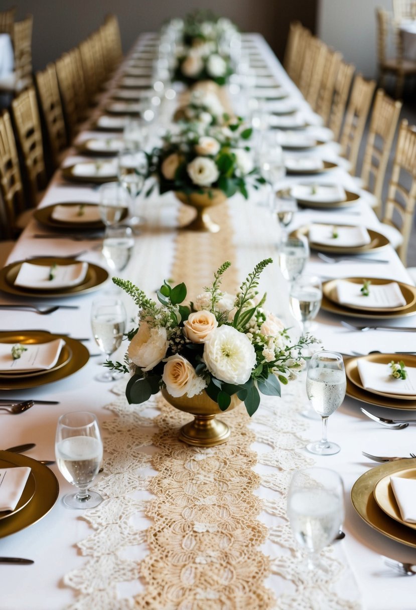 A white lace table runner with gold accents on a long banquet table surrounded by elegant place settings and floral centerpieces