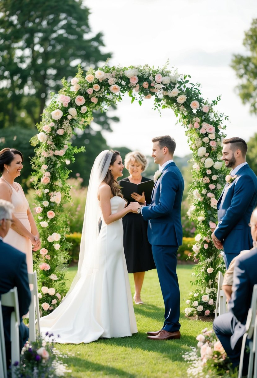 A couple stands under a flower-covered arch, exchanging vows in a serene garden setting with a small gathering of loved ones