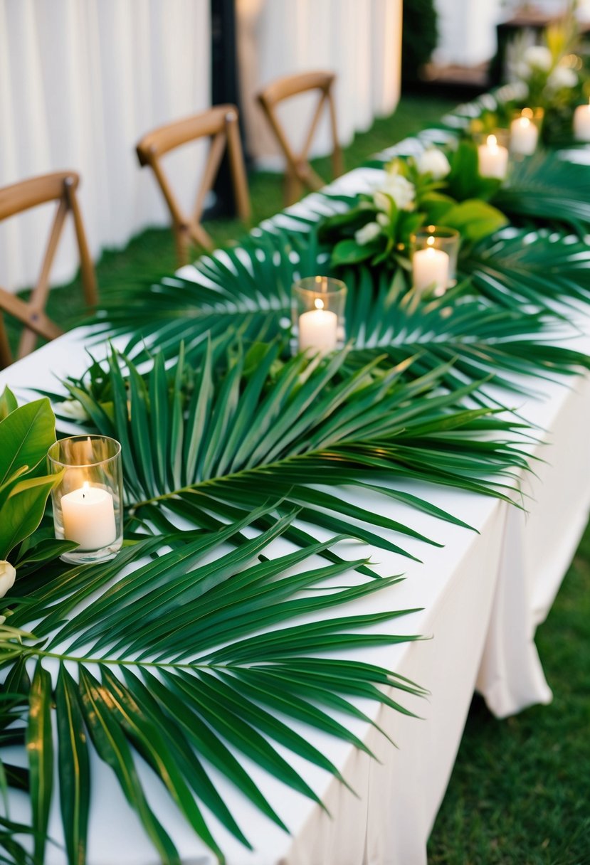 Vibrant palm leaves sprawled across a wedding table, adding a tropical touch to the decor