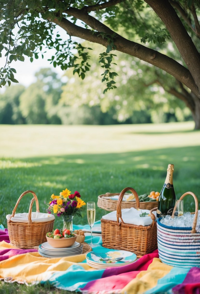 A colorful picnic blanket spread under a shady tree, surrounded by baskets of food, flowers, and a bottle of champagne on ice