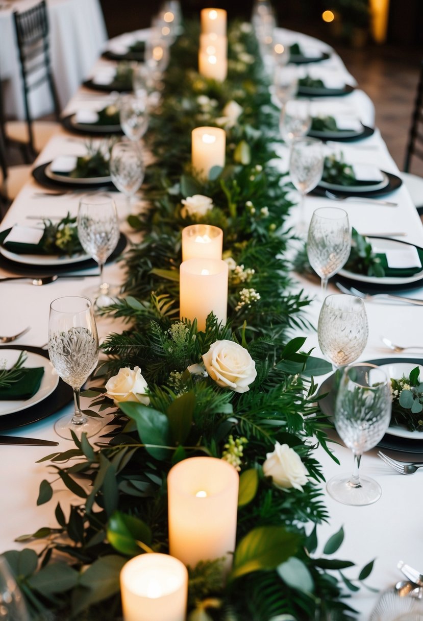 A lush table runner of greenery and floral garlands adorns a wedding reception table