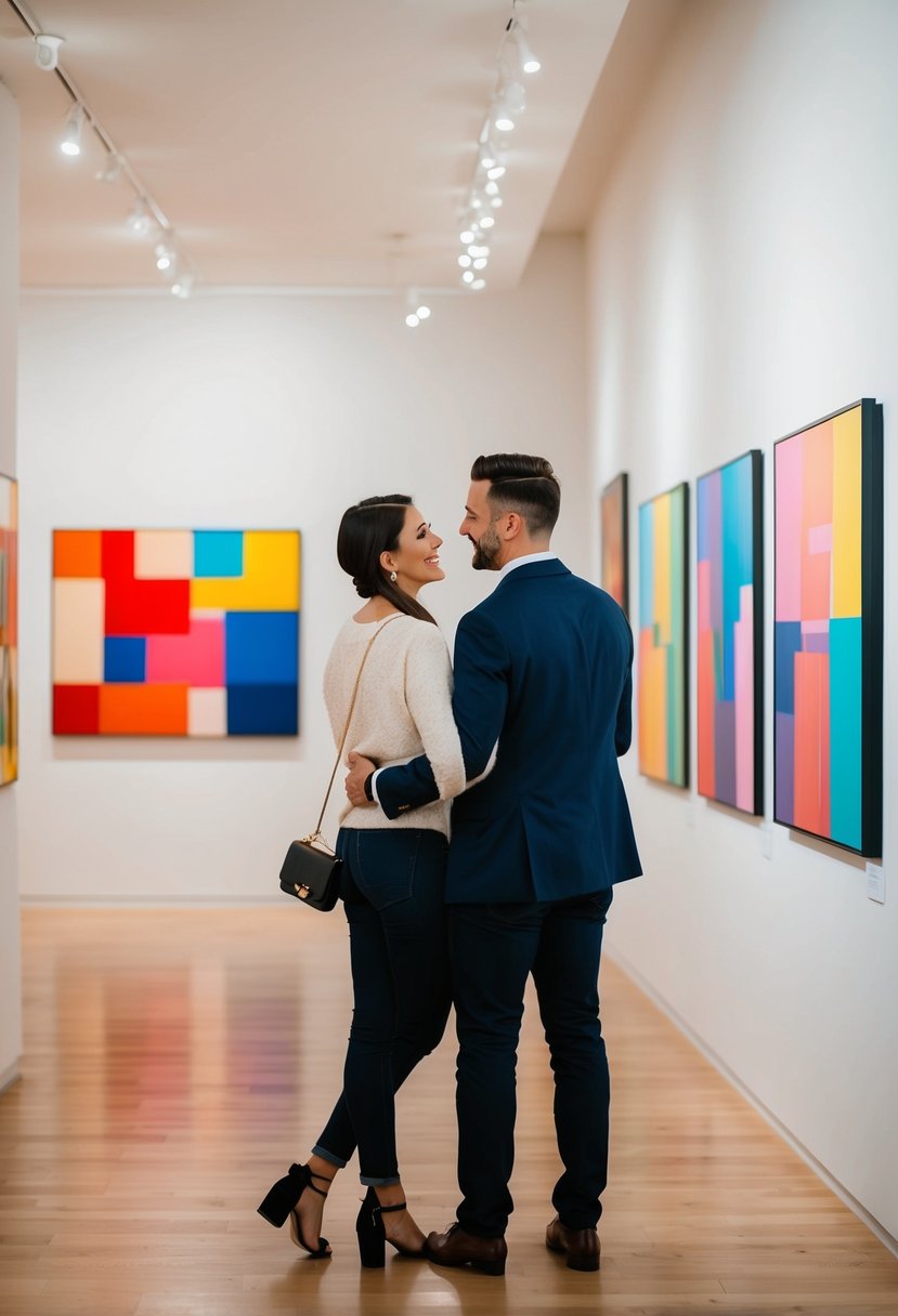 A couple admires colorful paintings in a modern art gallery filled with natural light