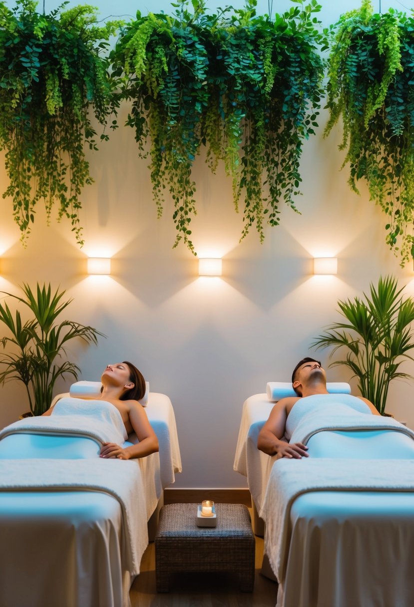 A serene spa scene with two massage tables, soft lighting, and a tranquil atmosphere. A couple enjoys side-by-side massages, surrounded by lush greenery and calming music