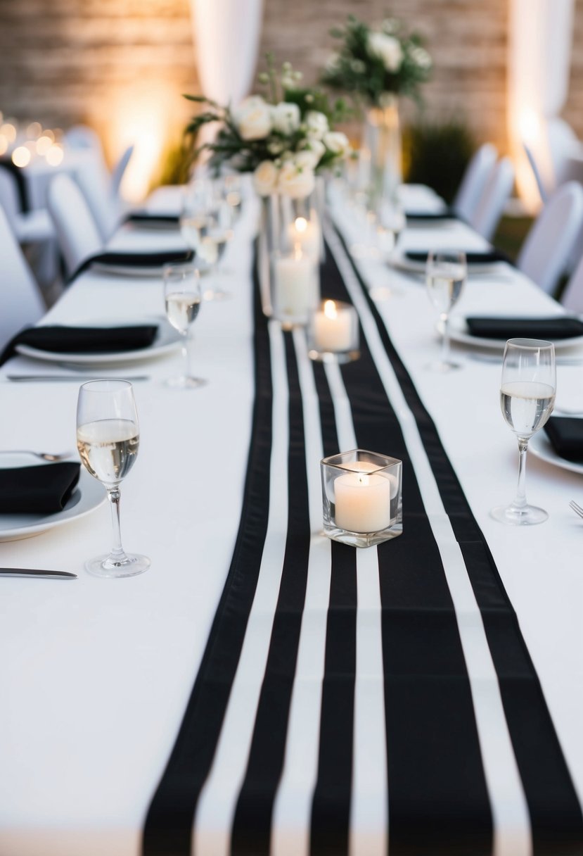 A sleek black and white striped table runner lays across a modern wedding reception table, adding a touch of sophistication and elegance to the decor