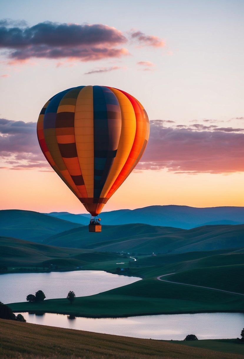 A colorful hot air balloon floats above rolling hills and a serene lake at sunset