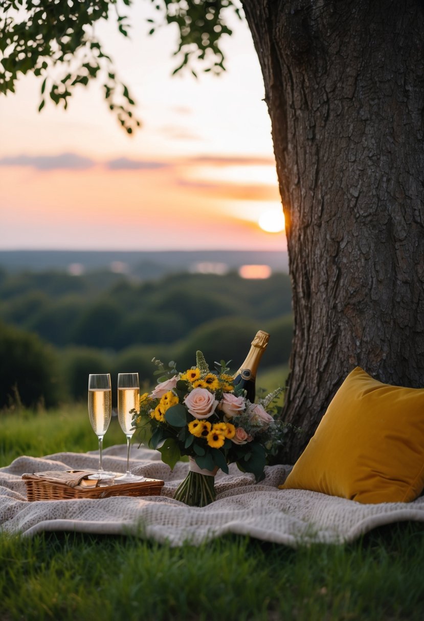 A cozy outdoor picnic with a blanket, champagne, and a bouquet of flowers nestled under a tree with a view of the sunset