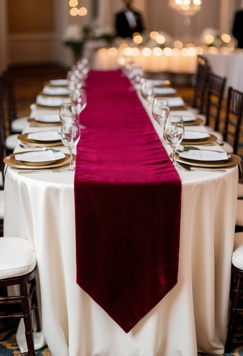 A rich, velvet table runner drapes across a wedding table, adding a luxurious feel to the elegant setting