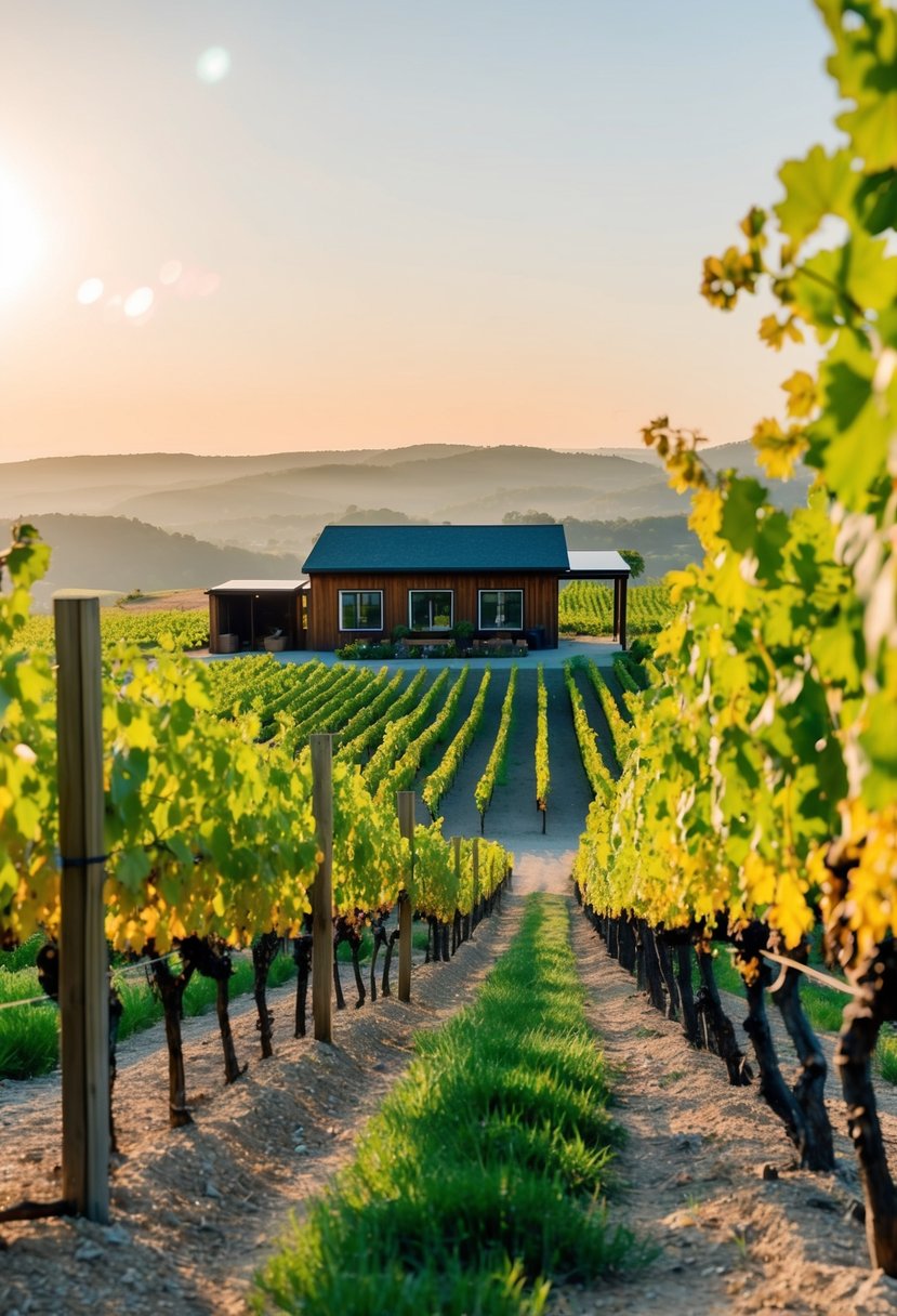 A sunny vineyard with rows of grapevines, a rustic tasting room, and a view of rolling hills