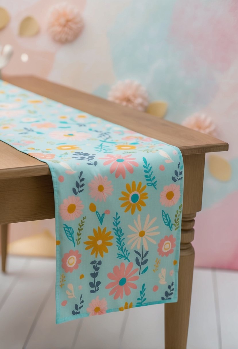 A pastel-colored table runner adorned with whimsical floral patterns, set against a backdrop of soft, muted hues and delicate textures