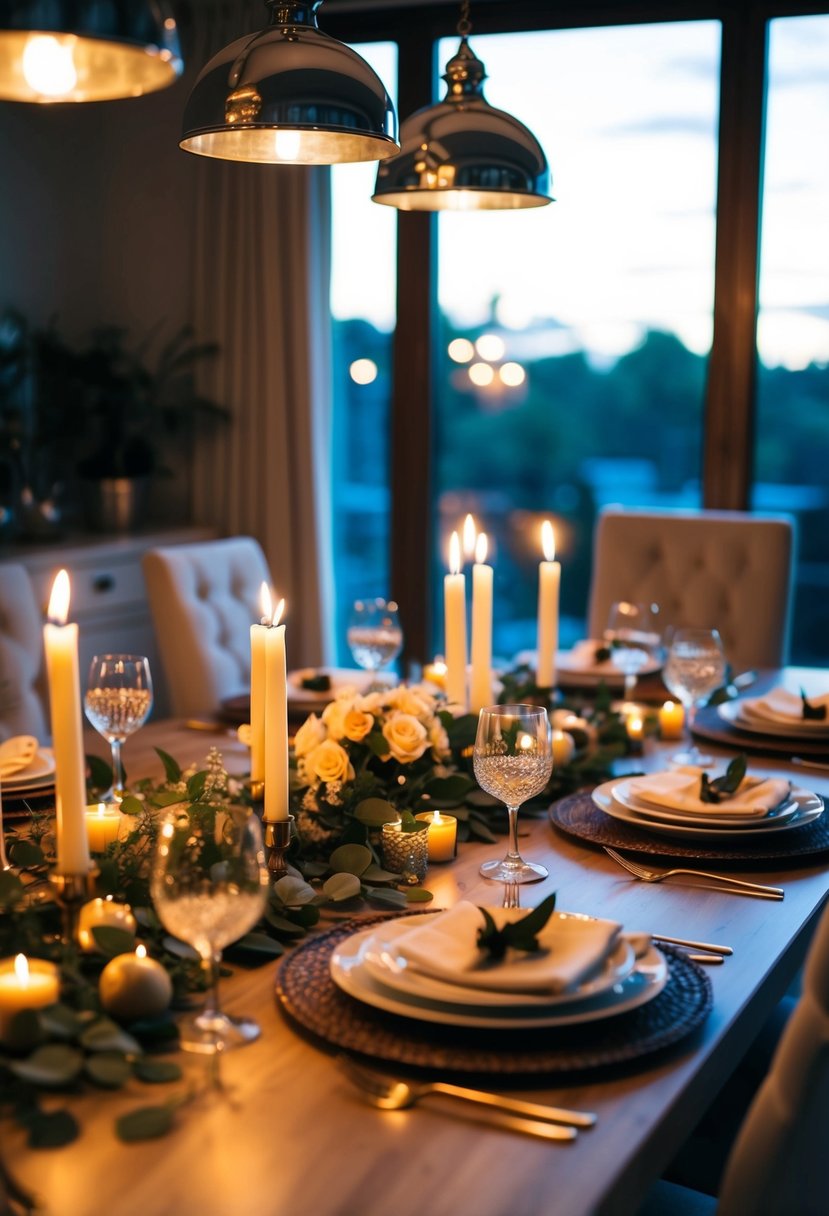 A cozy dining table set with flickering candles, elegant tableware, and a spread of favorite dishes for a romantic at-home anniversary dinner