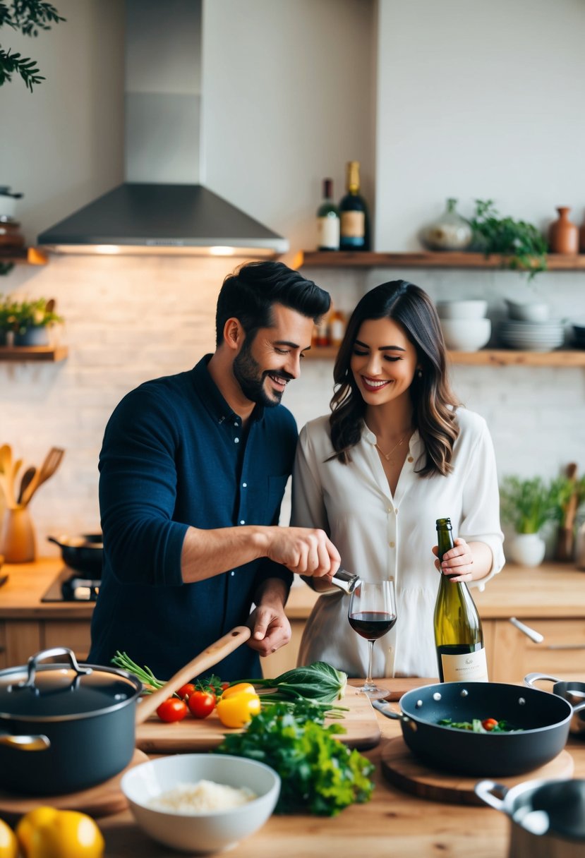 A couple cooking together in a cozy kitchen, surrounded by fresh ingredients, pots and pans, and a celebratory bottle of wine