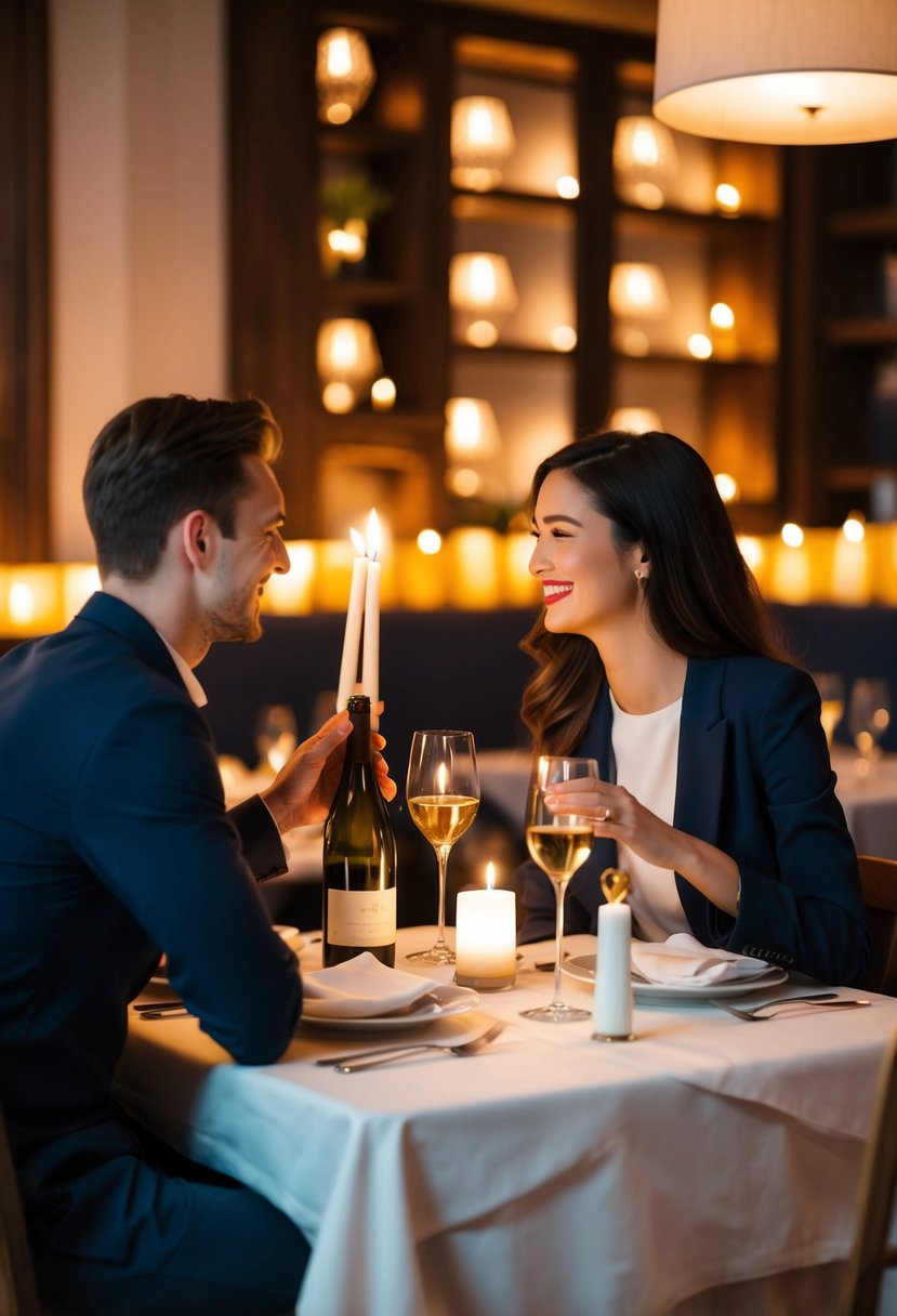 A couple sits at a candlelit table in a cozy restaurant, surrounded by soft lighting and romantic ambiance. The waiter brings out a bottle of wine as they share a smile and reminisce about their first date