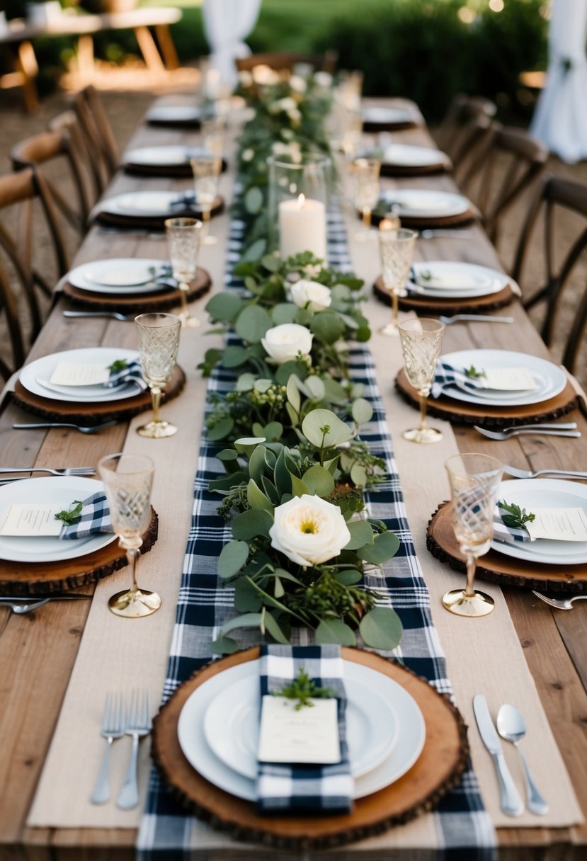 A rustic farmhouse table set with plaid patterned table runners and simple, elegant wedding decor