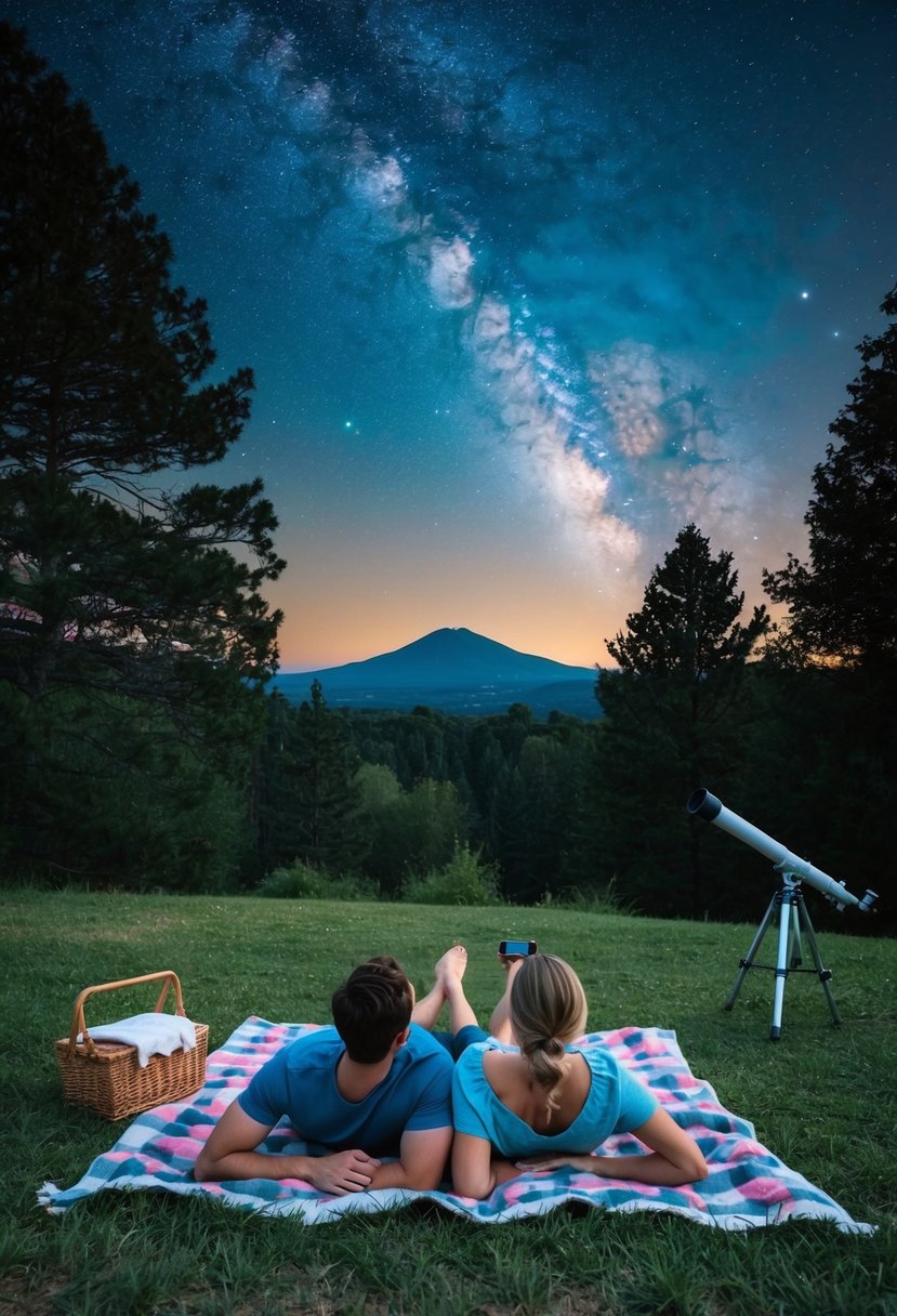 A couple lying on a blanket under a starry sky, surrounded by trees and a distant mountain, with a telescope and picnic basket nearby