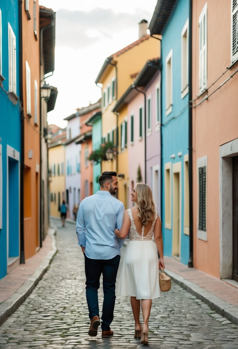 A couple strolling through a charming cobblestone street lined with colorful buildings, exploring a new destination for their 4th wedding anniversary getaway