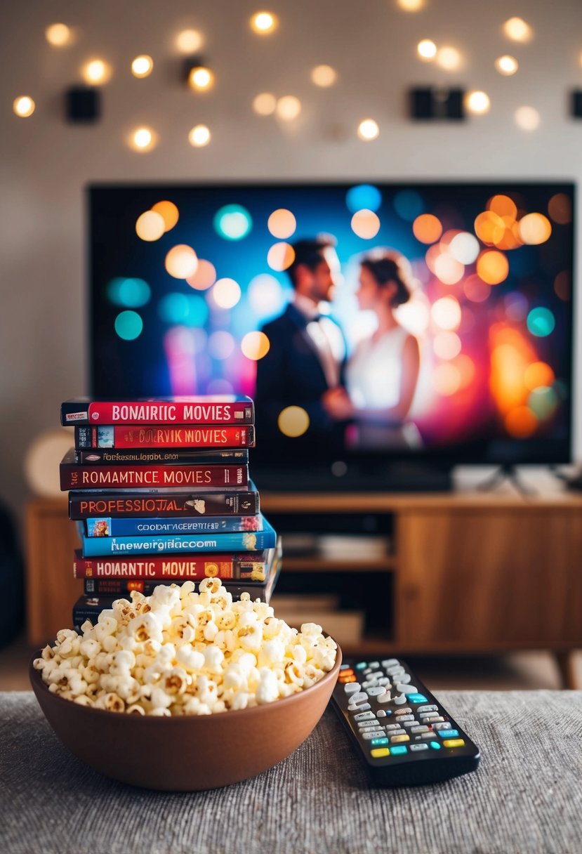 A cozy living room with a big screen TV, a pile of romantic movies, and a bowl of popcorn