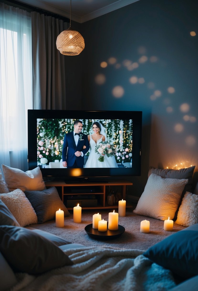 A dimly lit living room with a large screen playing a wedding video, surrounded by soft blankets, pillows, and flickering candles