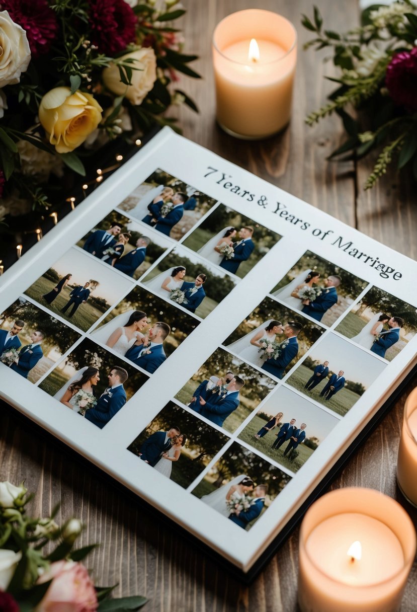 A couple’s personalized photo album, filled with images from their 7 years of marriage, sits on a wooden table surrounded by flowers and candles