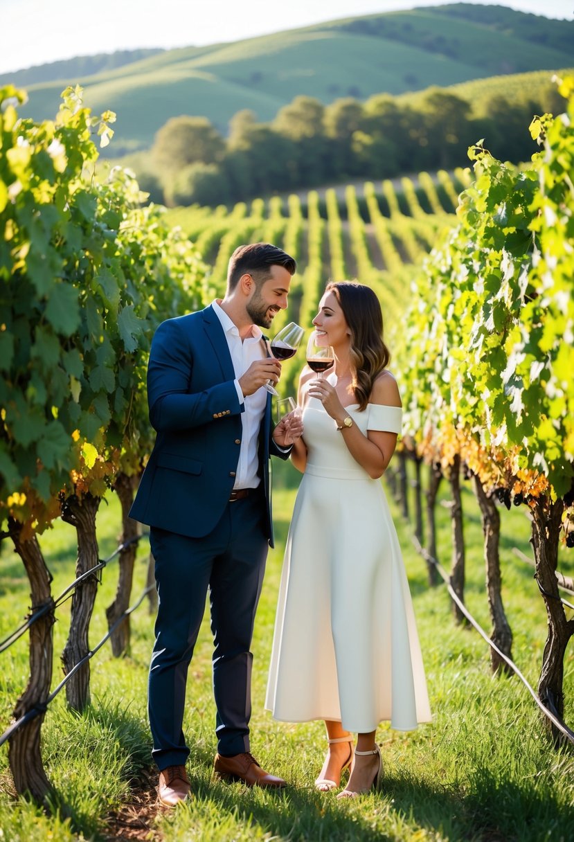 A couple sipping wine at a vineyard, surrounded by lush grapevines and rolling hills on a sunny afternoon