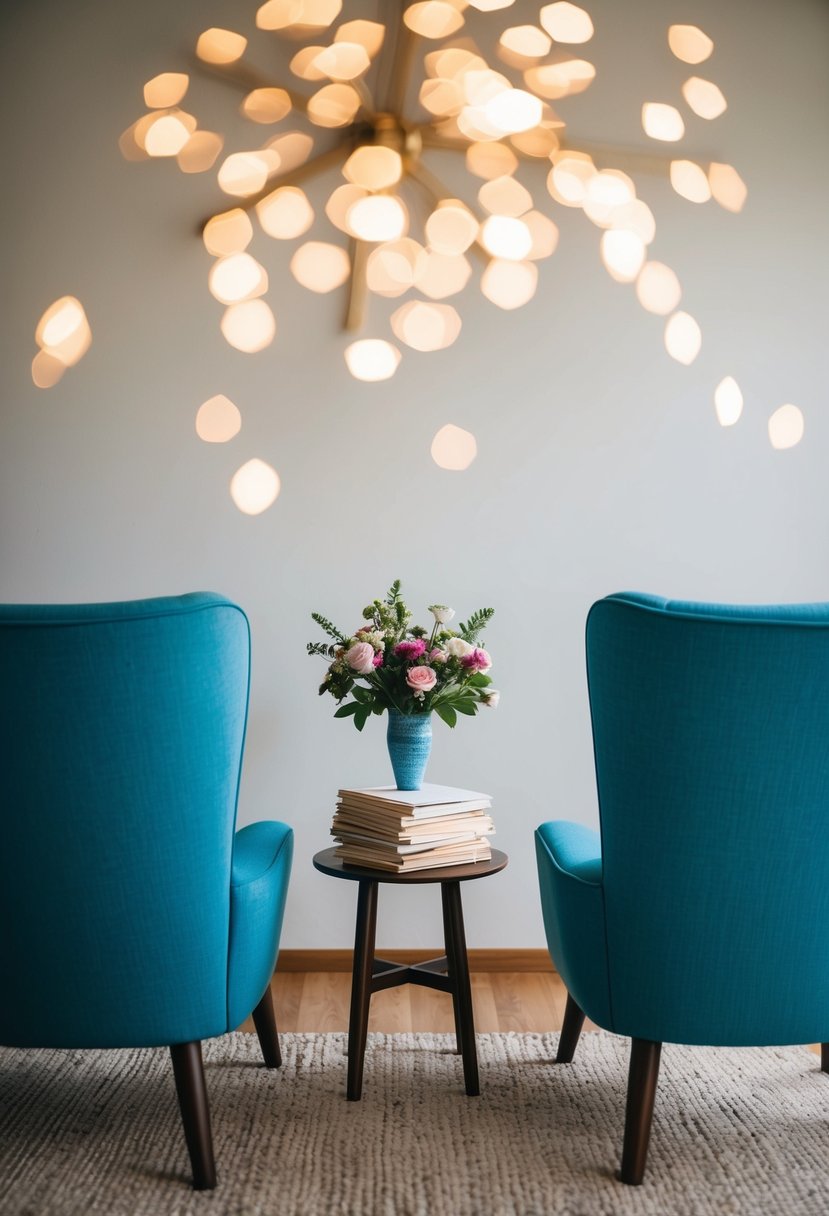 A cozy living room with two chairs facing each other, a table with a vase of flowers, and a stack of love letters