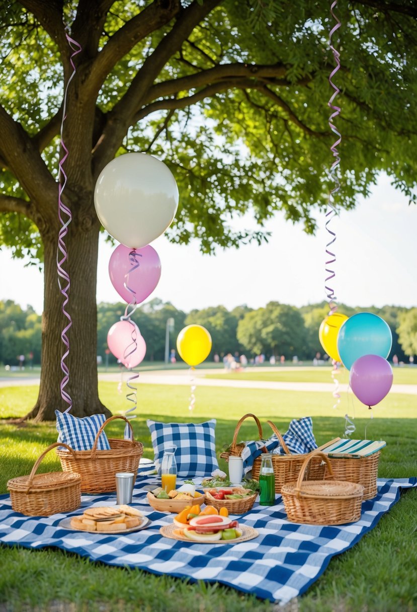 A picnic blanket laid out under a shady tree, surrounded by baskets of food and drinks. Balloons and streamers decorate the area, with a beautiful view of the park in the background