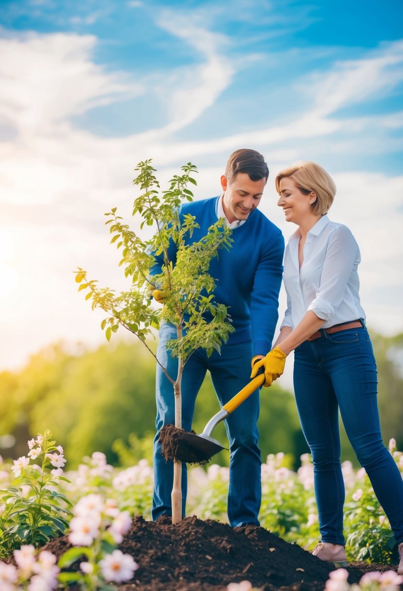 A couple planting a tree together, surrounded by blooming flowers and a peaceful, sunny sky