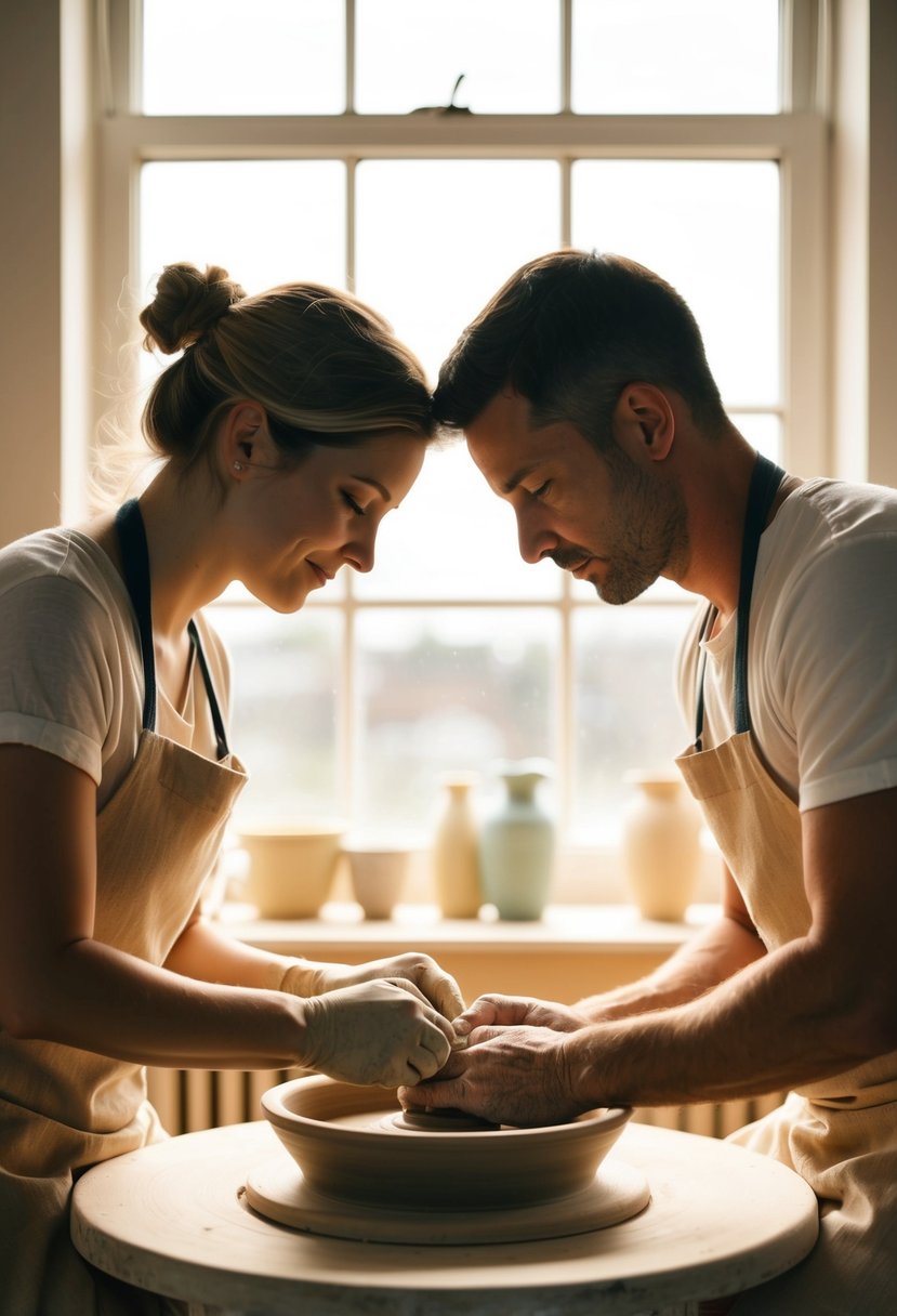 A couple sits side by side at a pottery wheel, shaping clay together. Sunlight streams through the window, casting a warm glow on their creations