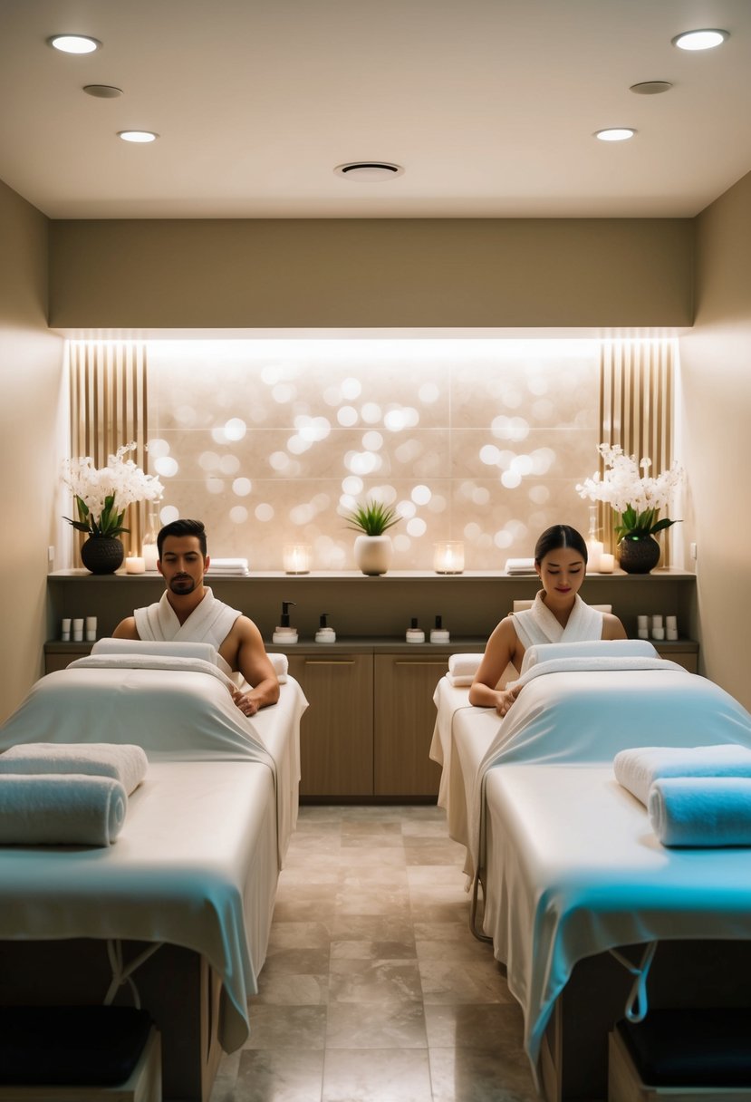 A serene spa room with two massage tables, soft lighting, and soothing music. A couple enjoys side-by-side treatments, surrounded by calming scents and luxurious decor