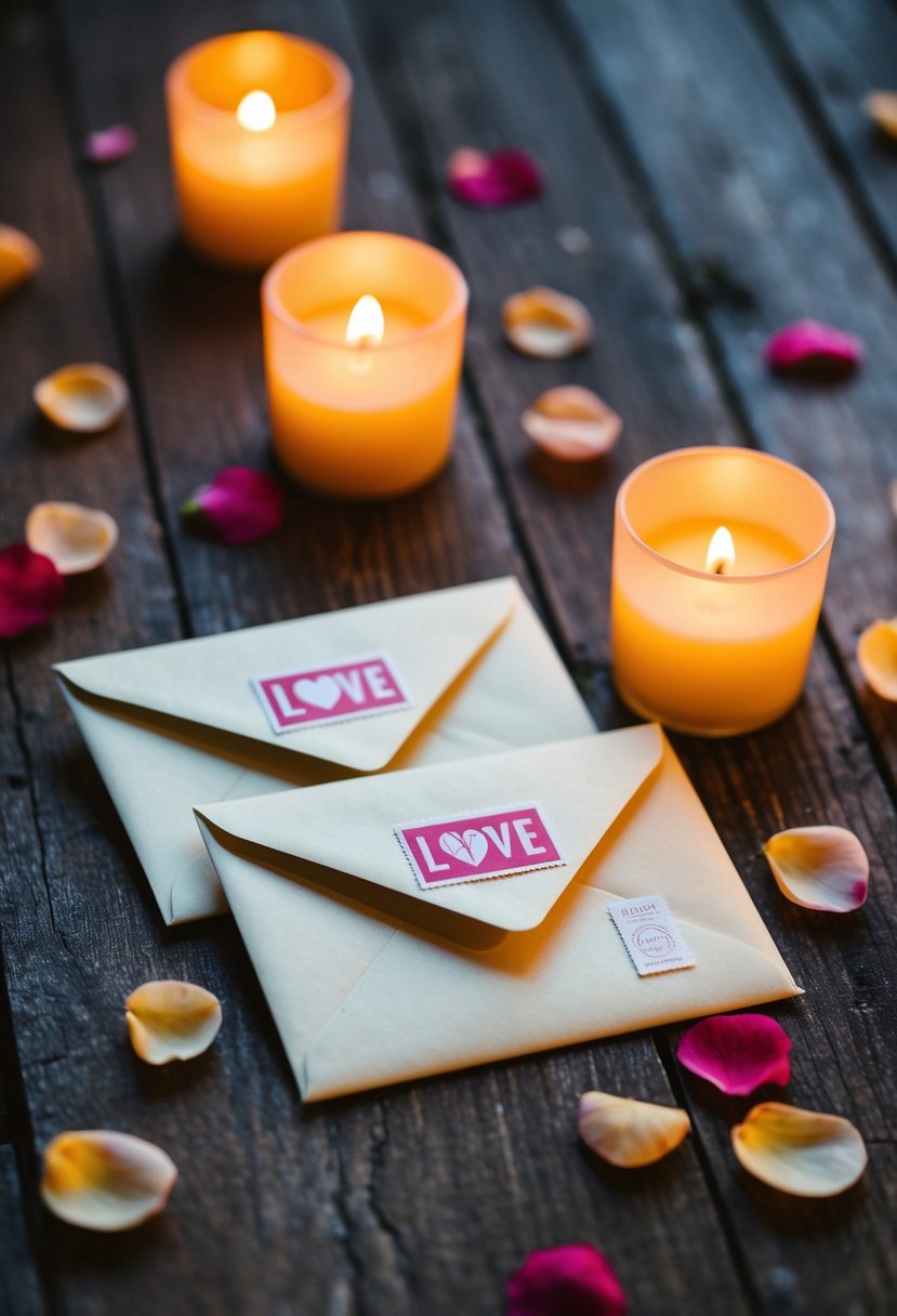 Two envelopes with love stamps lie on a rustic wooden table, surrounded by scattered rose petals and lit by warm candlelight