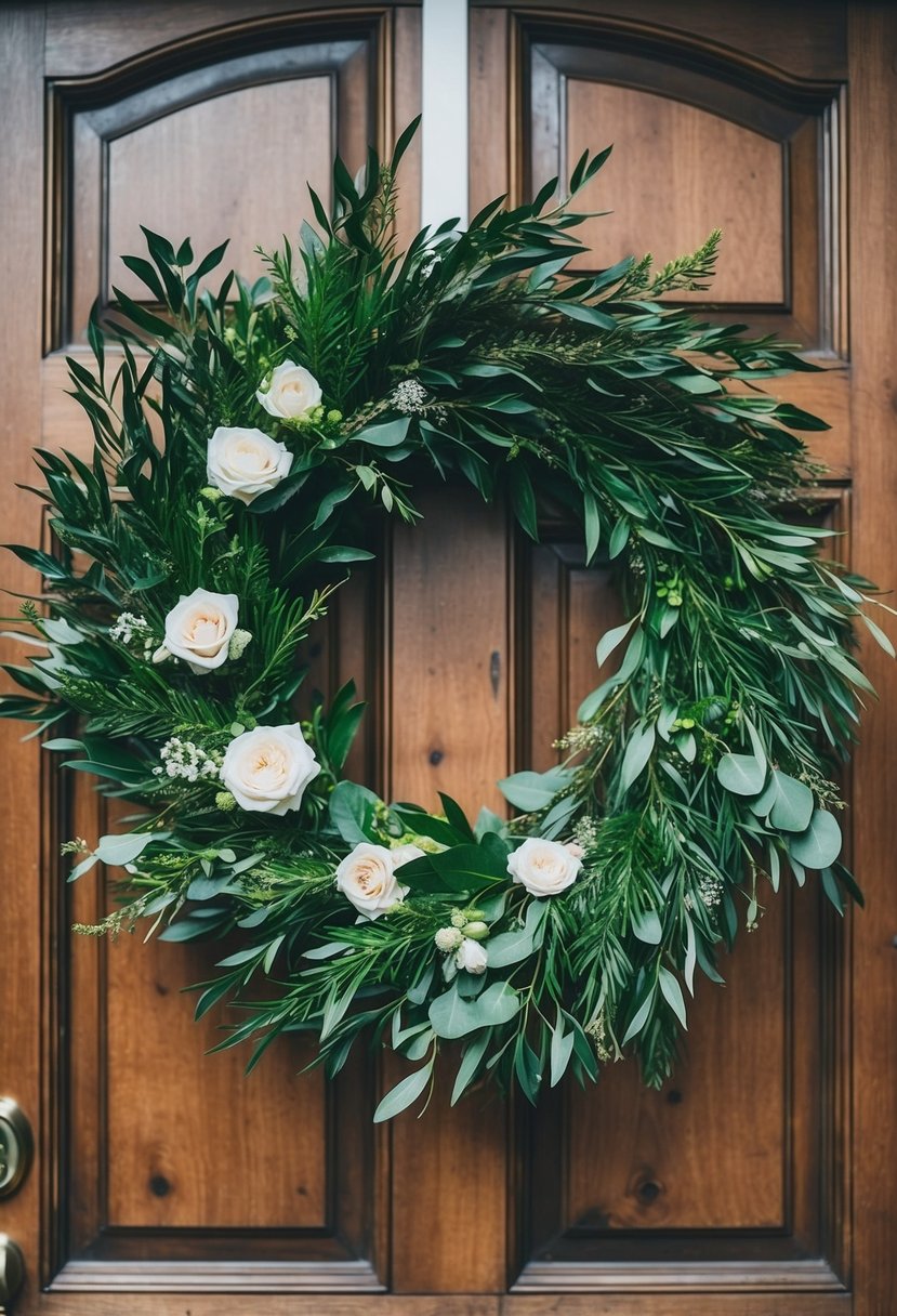 A lush greenery and flower wedding wreath hanging on a rustic wooden door